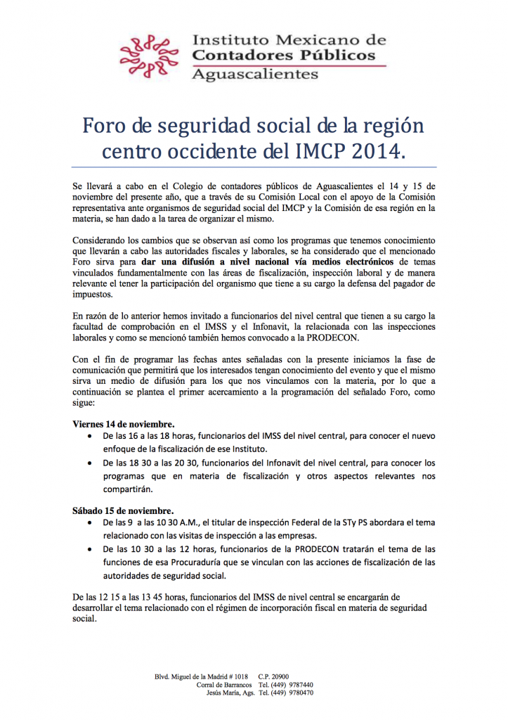 CARTA PUBLICIDAD DE FORO REGIONAL DE SEGURIDAD SOCIAL 2014
