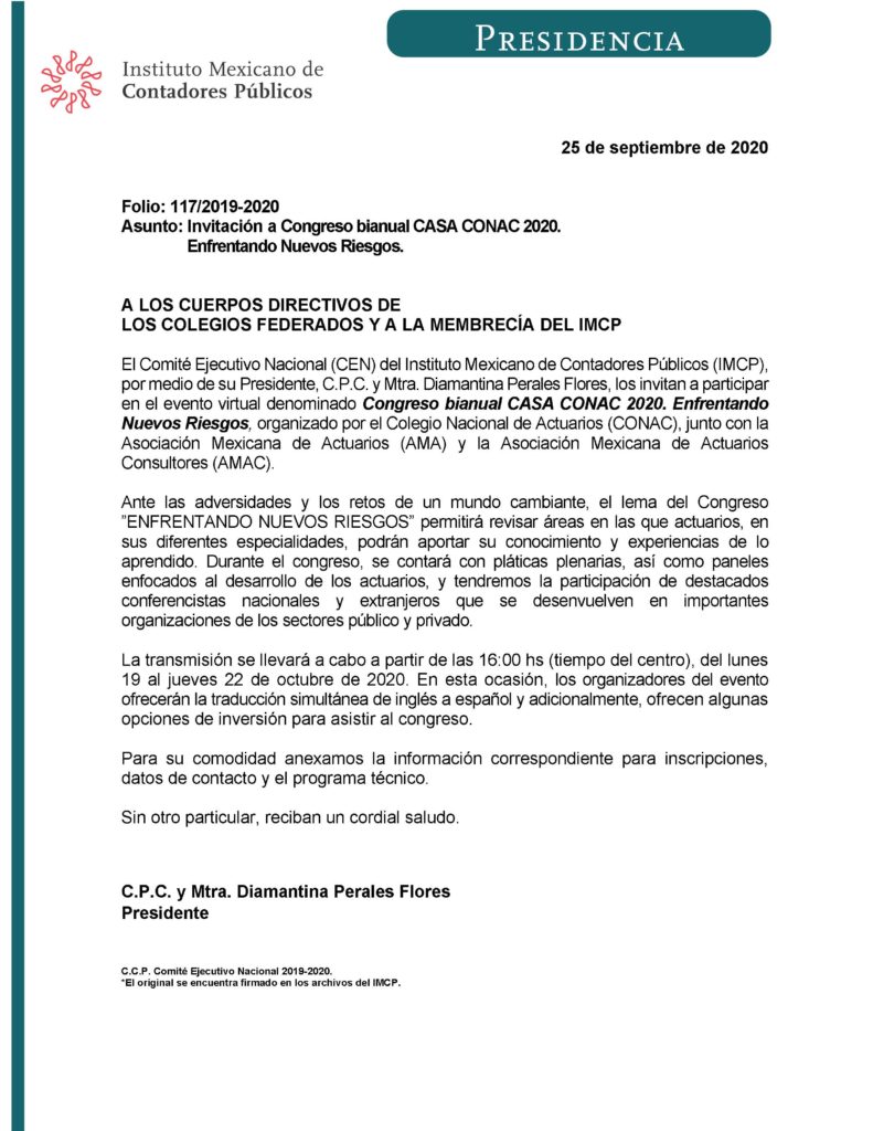 Folio 117 Invitación A Congreso Bianual Casa Conac 2020 Enfrentando Nuevos Riesgos Imcp 7567